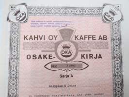 Kahvi Oy OKA Kaffe Ab, Sarja A, Helsinki 1963 nr 34297, 1 osake 2 mk, kauppias H. Leino -osakekirja / share certificate
