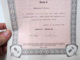 Kahvi Oy OKA Kaffe Ab, Sarja A, Helsinki 1963 nr 34297, 1 osake 2 mk, kauppias H. Leino -osakekirja / share certificate