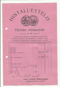 Leon. Gestrin Siemenkauppa Turku Hintaluettelo Heinän siemenistä - hinnasto 1924 suomeksi ruotsiksi