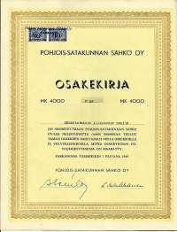 Pohjois-Satakunnan Sähkö Oy, 4 000 mk  osakekirja, Parkano 7.1.1949