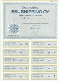 ESL Shipping Oy, 1000x 5 mk  osakekirja, Helsinki 12.6.1997