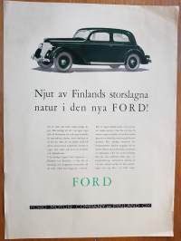 FORD, Ford Motor Company of Finland O.Y. -juliste, oikovedos, 1930 luvulta. Njuta av Finlands storslagna natur i den nya Ford