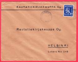 Firmakuori Rautatiekirjakauppa Oy (Leima Postivaunu 8 1949).