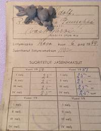 Suomi Neuvostoliitto-Seura / Finland-Sovjetunionen r.y. Vaskijärven osaston jäsenkortti. Liittymisaika kesäkuun 6 p:nä 1949.