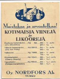 Nordfors Oy Turku - kotimaisia viinejä ja liköörejä  hinnasto esite