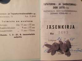 Tapaturma- ja sairausinvalidien liitto r.y. Jäsenkirja. Liittymisaika 26.7.1958