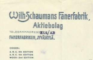 Wilh Schaumans Fanerfabrik Ab Jyväskylä 1923  - firmalomake