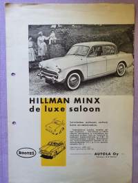 HILLMAN -minx de luxe saloon, -station wagon, -husky ja SUNBEAM rapier -myyntiesite. AUTOLA Oy