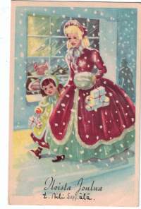 Tuberkuloosiliiton joulumerkki kortissa. v. 1951. Tuohitorven soittaja- Piirtänyt Martta Wendelin