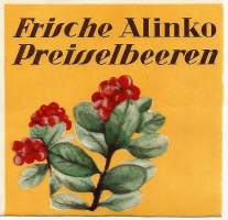 Frische Alinko Preisselbeeren (Puolukka) - tuote-etiketti vuodelta  1937