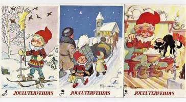 Kari Suomalainen , joulukortti, taiteilijakortti,piiretty 1945 ennen julkaisemattomia  3 eril  kulkenut