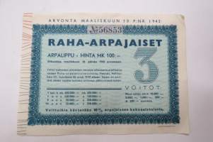 Raha-arpa, Raha-arpajaiset / Penninglotteriet, lottsedel maaliskuu 1943 nr 56853 -lottery ticket