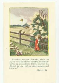 Katsokaa taivaan lintuja... sign Laura Järvinen (1907-79) -   taiteilijapostikortti lapsipostikortti raamatunlause postikortti kulkematon