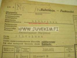 Valtionrautatiet -rahtikirja Helkavaara - Halme Oy / Littoinen Oy 2.5.1949 tavaravakuutusmerkkeineen
