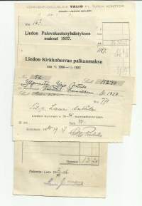 Kuitteja vuodelta 1937 mm Liedon Palovakuutusyhdistys , Liedon Meijeri, Liedon Kunta - firmalomake 5 kpl