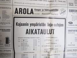 Kajaani ympäristöineen Linja-autoaikataulu - asemilla ja keskeisillä paikoilla ollut aikataulu v. 1938 -juliste / poster - bus timetable