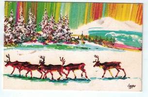 Omppu Osmo Omenamäen 1977 piirtämä värikkään kaunis taittokortt. Kulkenut, sisällä toivottajien nimet