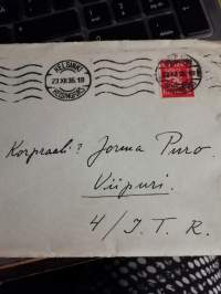 Kirjekuori, lähetetty Viipuriin, takana joulumerkki (kirje on tallella kuoressa)