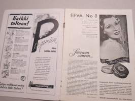 Eeva 1942 nr 8 kansikuva, Elintarvikehuolia tuhatjärvien maassa. Suomalainen työ-tyttö soutaa perunasäkkiä Laatokan vesillä, Mistä uneksii nykypäivien nuori tyttö ym