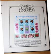The Royal Wedding 1981. Charlesin ja Dianan häiden kunniaksi julkaistuja postimerkkejä, blokkeja, kuoria ja kortteja - 42 albumisivua. MUST kuninkaallis-faneille