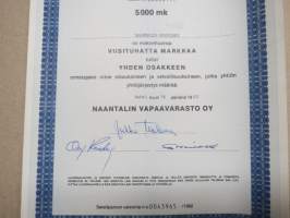 Naantalin Vapaavarasto Oy, Naantali 14.4.1982, 1 osake á 5 000 mk, nr 197, Naantalin kaupunki -osakekirja / share certificate