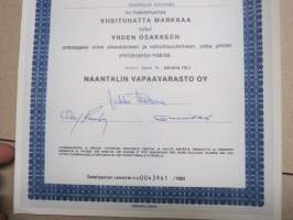 Naantalin Vapaavarasto Oy, Naantali 14.4.1982, 1 osake á 5 000 mk, nr 193 Naantalin kaupunki -osakekirja / share certificate