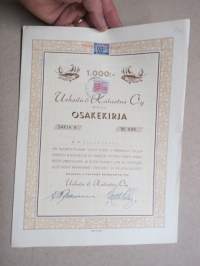Urheilu &amp; Kalastus Oy, Oulu, sarja A 1 osake - 1 000 mk nr 038, Oulu 5.6.1930, E.W. Paasivaara -osakekirja / share certificate