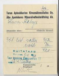 Turun Apteekkarien Kivennäisvesilaitos Oy  1960 - firmalomake