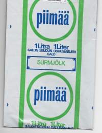 Salon Seudun Osuusmeijeri Salo - piimää, maitopussi, muovipussi avattu tuotepakkaus, 1960-70