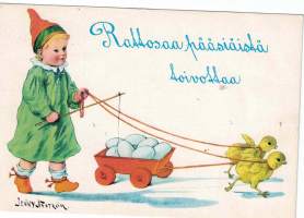 Pääsiäiskortti- Jenny Nyström.V.-82.  Fiktiivinen kuvaus lapsesta kuljettamassa kananmunia, tipujen vetämissä vaunuissa  Kulonhuoltoliitto. Kulkematon.