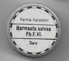 Vanha Apteekki Salo / Harmaata alvaa tyhjä  lääkepakkaus  tuotepakkaus peltiä 4x2 cm