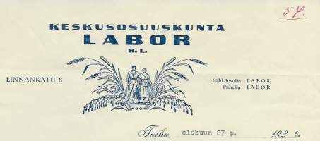 Keskusosuuskunta Labor r.l. Turku 1936 - firmalomake