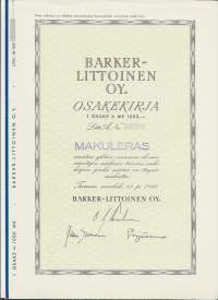 Barker-Littoinen Oy   1x1000 mk   , osakekirja,  Turku 15.3.1941