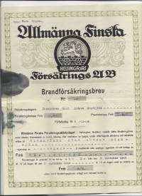 Allmänna Finska Försäkrings Ab Brandförsäkringsbrev 1918 - vakuutuskirja