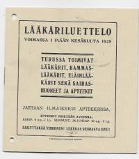 Turku Lääkäriluettelo  1925  - lääkärit, hammaslääkärit, eläinlääkärit sekä sairaalat  ja apteekit  suomeksi ja ruotsiksi