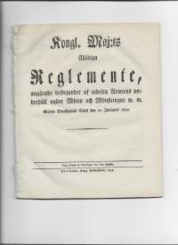 Kongl. Maj:st Nådiga Reglemente angående besörjandet af indelta armeens  ...  1832   32 sivua+liitteet