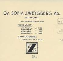 Sofia Zweygberg Oy Wiipuri 1926  firmalomake