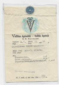 Vallilan Apteekki S R Karikoski  , resepti  signatuuri  reseptipussi 1941