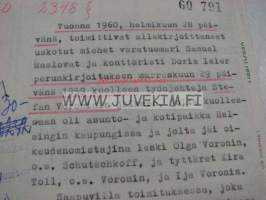 Perunkirjoitus työnjohtaja Stefan Voronin Helsinki 1959 -asiakirjat