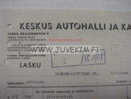 Keskus-Autohallin kumikorjaamo Turku, Braahenkatu 8.(Nyk. Brahenkatu) Lasku Barker-Littoinen OY:lle 29.9.1942