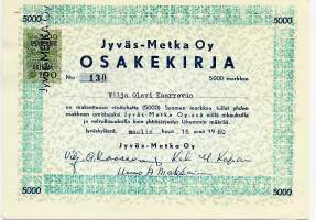 Jyväs-Metka Oy,  5000 mk osakekirja, Jyväskylä 18.3.1960