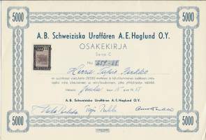 Schweiziska Uraffären A.E.Haglund  Oy Ab , 5000 mk osakekirja, Helsinki 15.12.1951