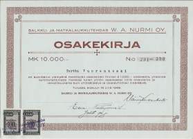 Salkku- ja Matkalaukkutehdas W.A.Nurmi  Oy,  10 000 mk  osakekirja,  Turku  16.8.1949
