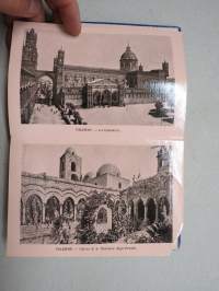 Ricordo Di Palermo -haitarimaisesti aukeava kuvateos kaupungista ja nähtävyyksistä, kartta, kohopainatteinen kansi, 1900-luvun alku (kuvissa ei vielä näy autoja)