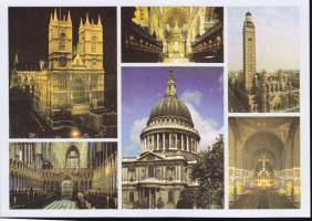 Postikortti Lontoon nähtävyydet (St. Paul, sisäkuva St.P, Westminster Abbey, Abbey sisäkuva, Westminsterin katedraali, sisäkuva katedr.,  10 x 15 cm. Uusi, **.