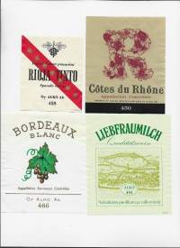 Rioja Tinto, Liebraumlich, Cotes du Rhone ja Bordeaux Blanc - viinietiketti  viinaetiketti 4 eril