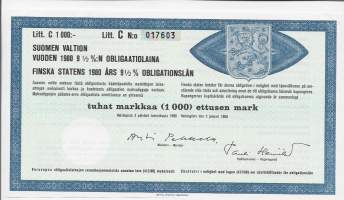 Suomen valtion vuoden 1980    9,5  %:n obligaatiolaina Litt C 1000 mk, Helsinki   2.1.1980 -obligaatio