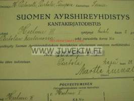 Suomen Ayrshireyhdistys Lehmä &quot;Hulmu III&quot;, omistaja Hannes Palmroth, Partola, Tampere -kantakirjatodistus 1923