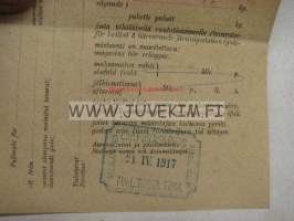 Valtionrautatiet ilmoituskortti 21.4.1917 jauhoja &amp; polkupyörä Kyrö -Turku