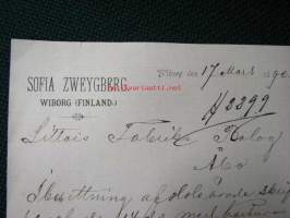 Oy Sofia Zweygberg Ab, Wiborg, (Viipuri) 17.3.1890 -asiakirja, dokument